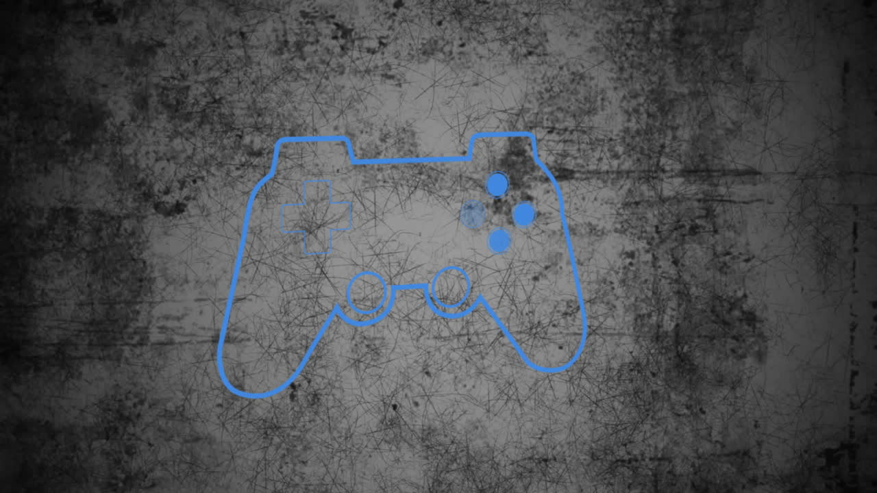 파란 네온 비디오 게임 패드의 애니메이션은 회색 곤란한 패턴 배경 위에 있습니다.