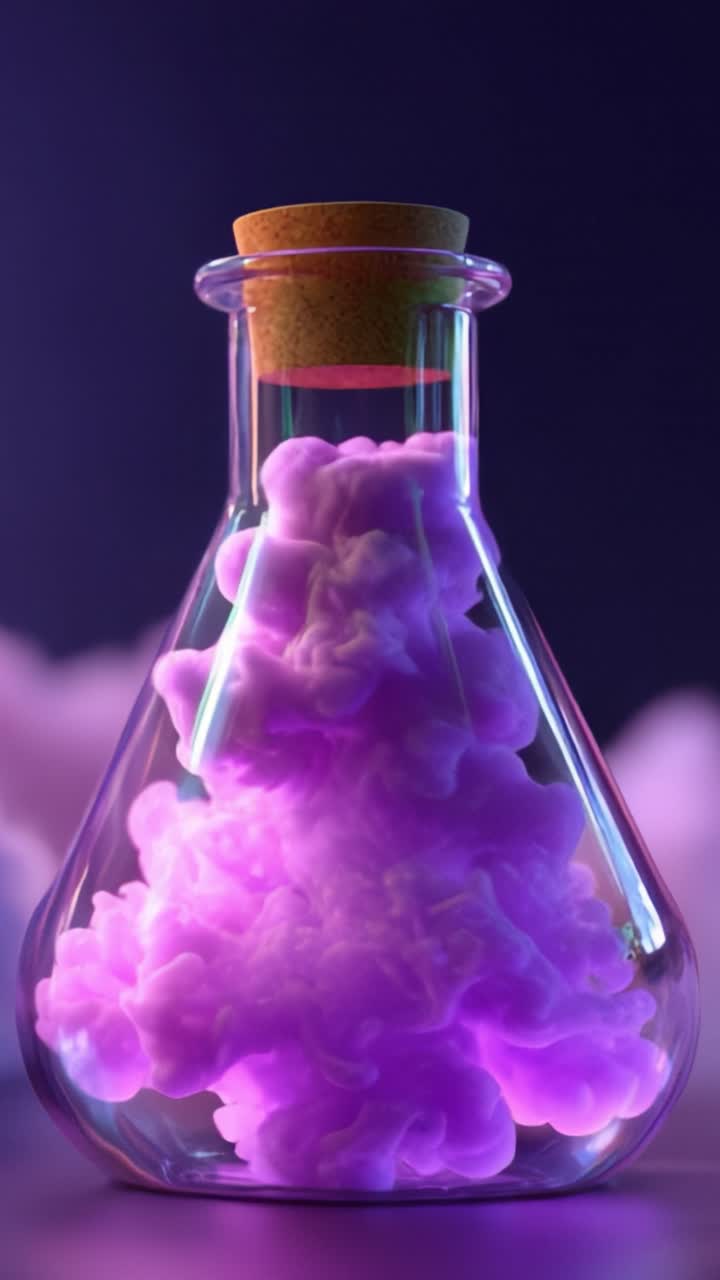 Uma Transformação Vibrante: Visualizando Reações Químicas em um Balão com Vapor Roxo em Expansão e Padrões Esfumaçados Intrigantes no Ambiente de Laboratório