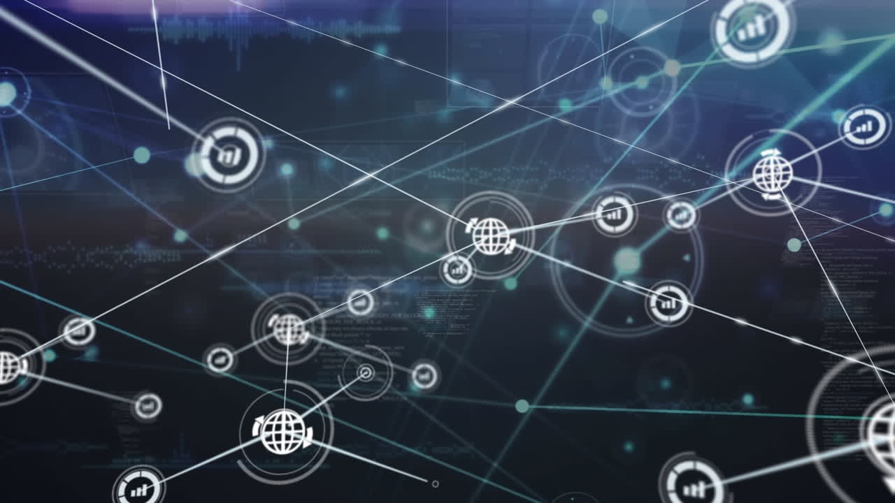 animación de una red de iconos digitales y rastros de luz contra un fondo azul