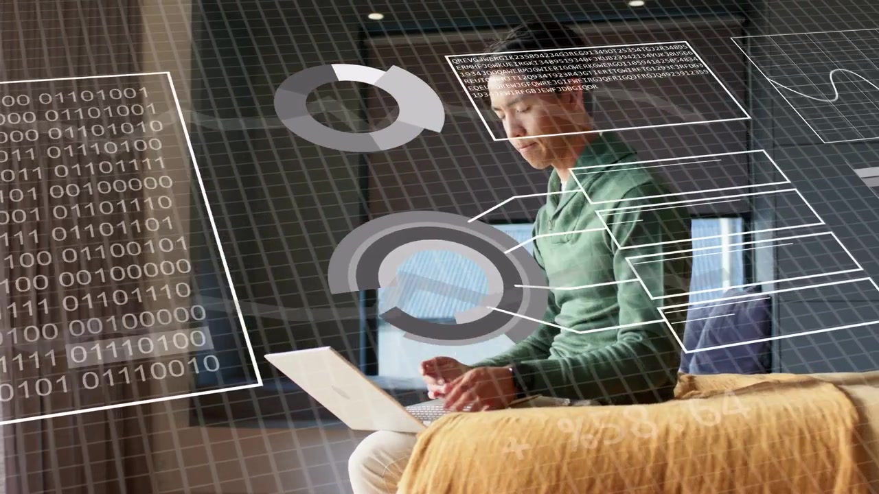 Man typing laptop, causing data overlays turning pie charts into bars and lines, pausing reviewing