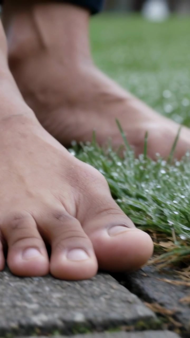 Vertical video: Lowering bare foot drawn by dew, onto damp grass and pavers at park, cuffed pants