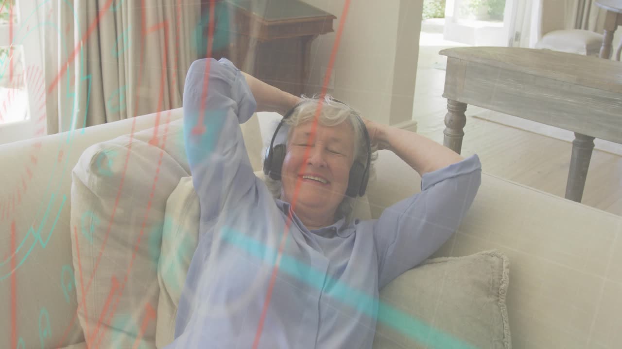 Retired woman picking up headphones and initiating animated sound waves around sofa for wellness