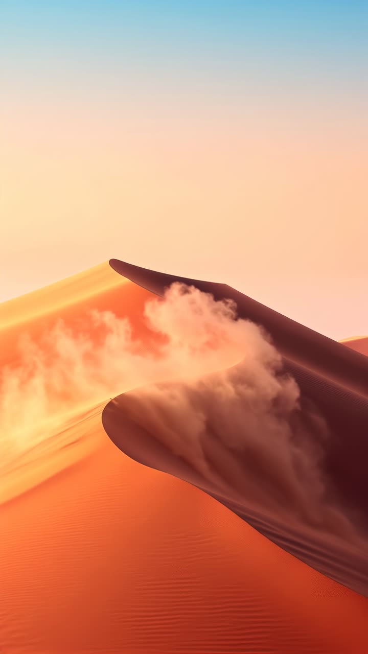 A mesmerizing low-angle shot of sand dunes at sunset, showcasing vibrant orange hues and soft