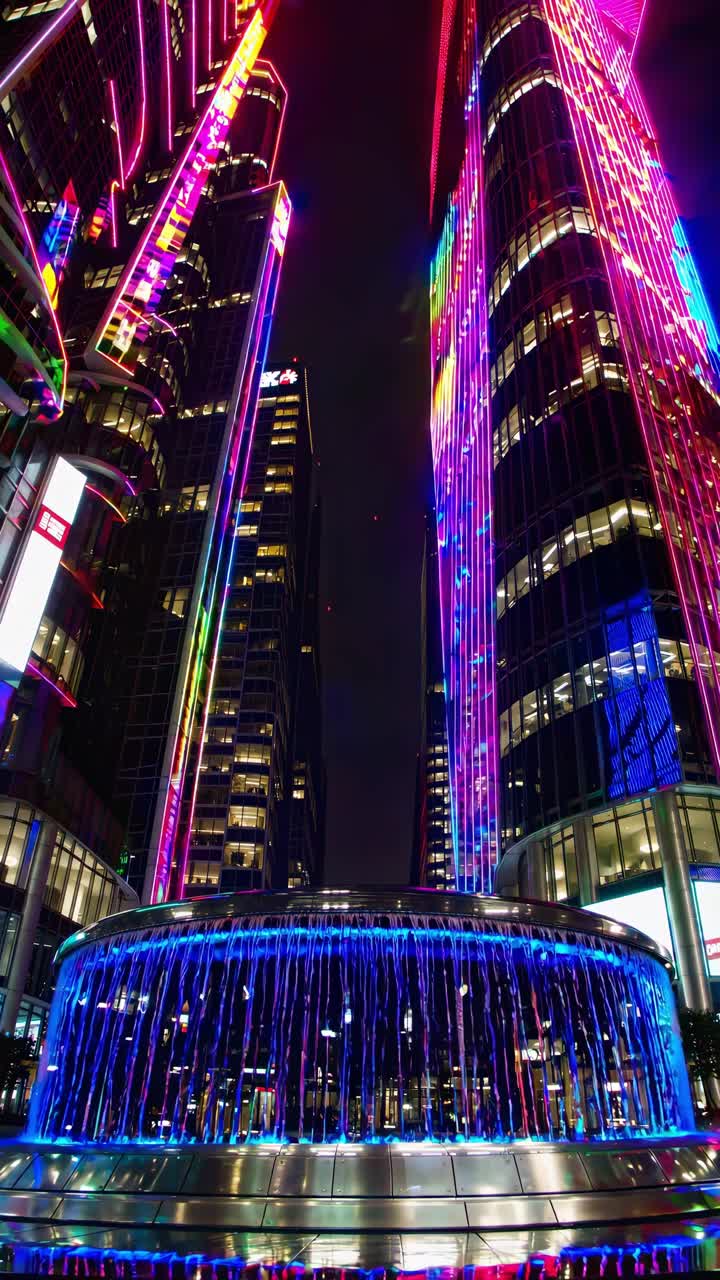 Vibrant lights illuminating modern skyscrapers at night, creating a stunning futuristic cityscape, with a circular fountain in the foreground reflecting the colorful ambiance of the urban landscape