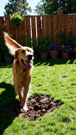 golden retriever digging in a garden