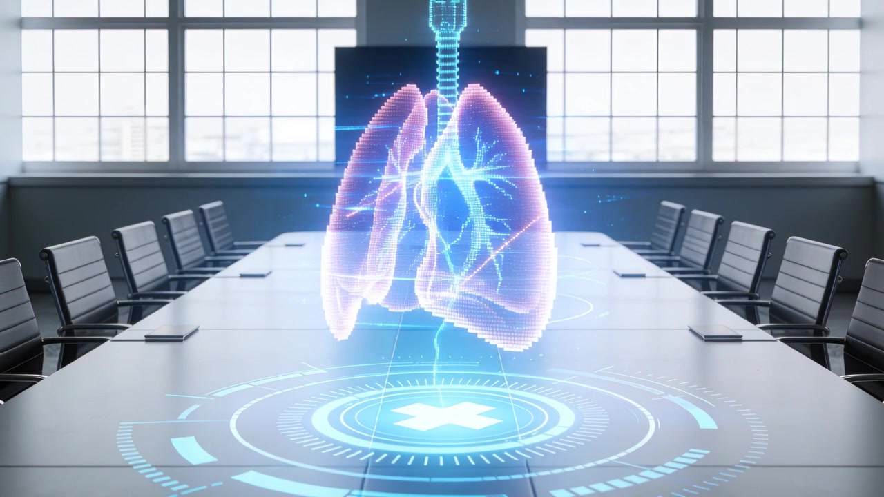 Projecting hologram lungs rotating and pulsing above boardroom table, HUD starting medical briefing