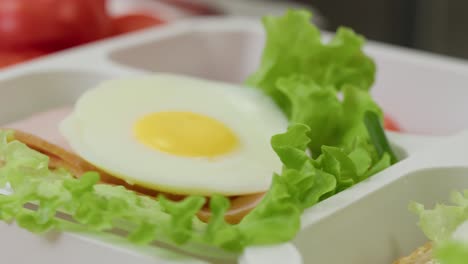 close-up of a person throwing pieces of celery on top of several trays with eggs and lettuce