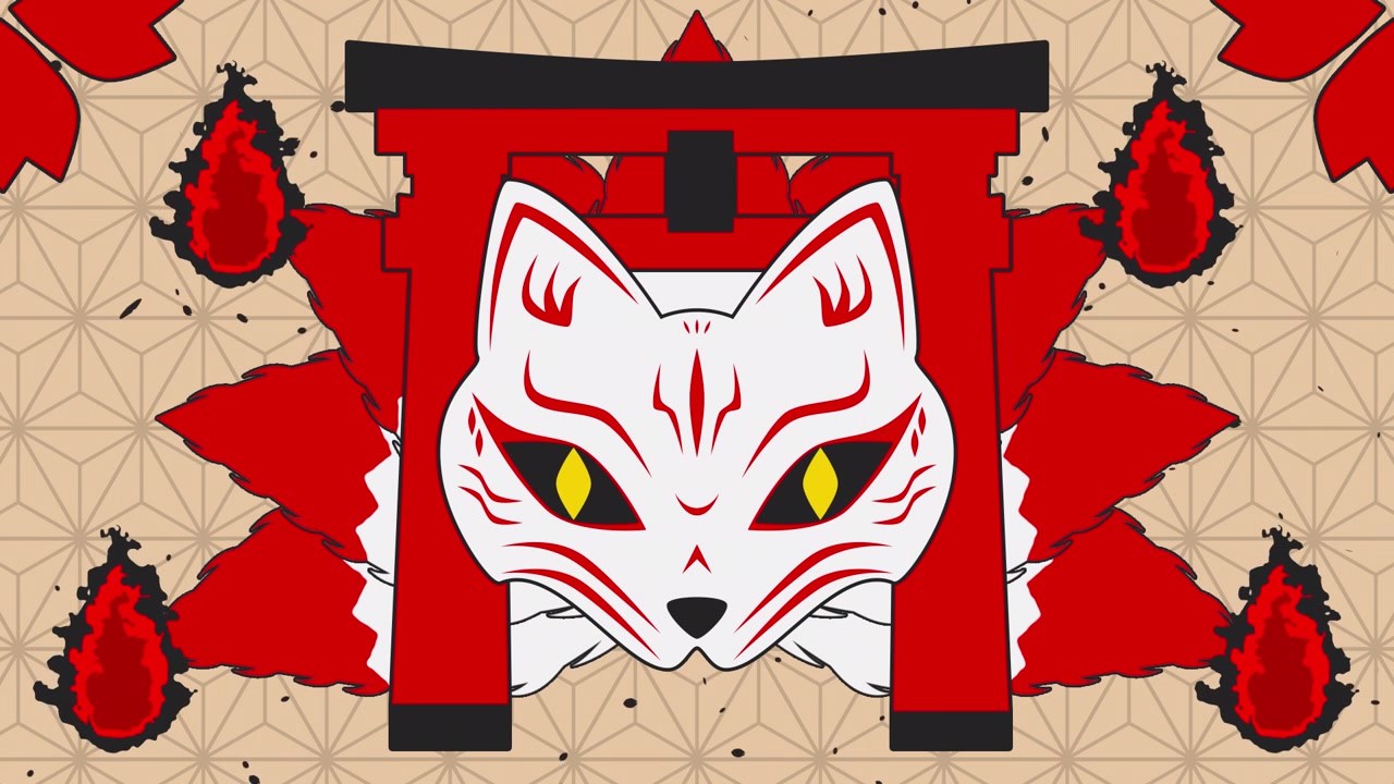 Maschera di volpe in stile anime con Torii ed elementi ispirati a Demon Slayer