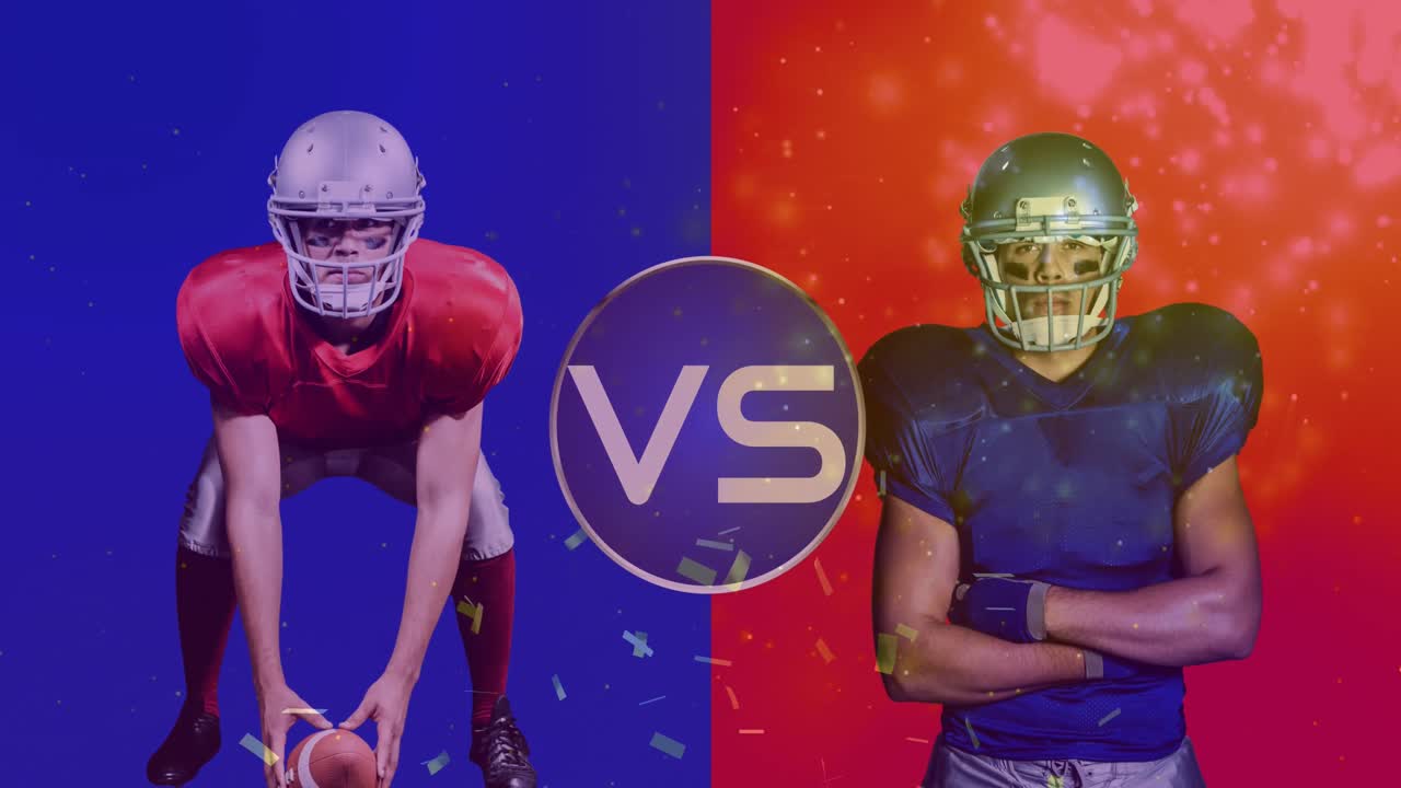 animación de confeti de oro cayendo sobre dos jugadores de fútbol americano masculinos con texto vs