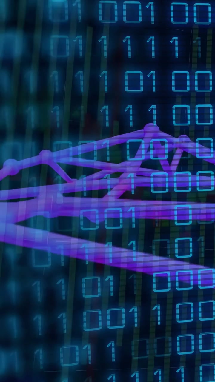 Vertical video: Loop starting, purple network shifting right, stretching links, mapping binary grid