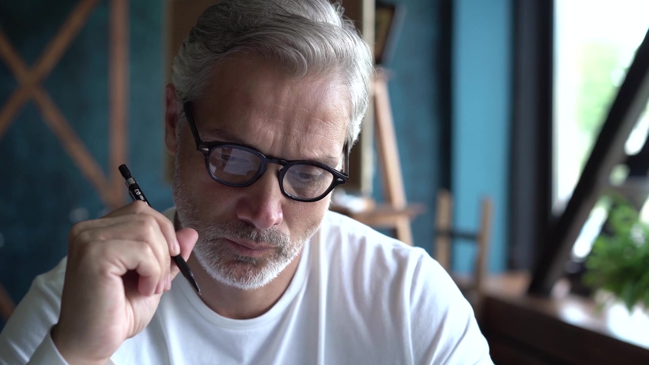 Middle-Aged Man Thinking While Holding a Pen in a Modern Office