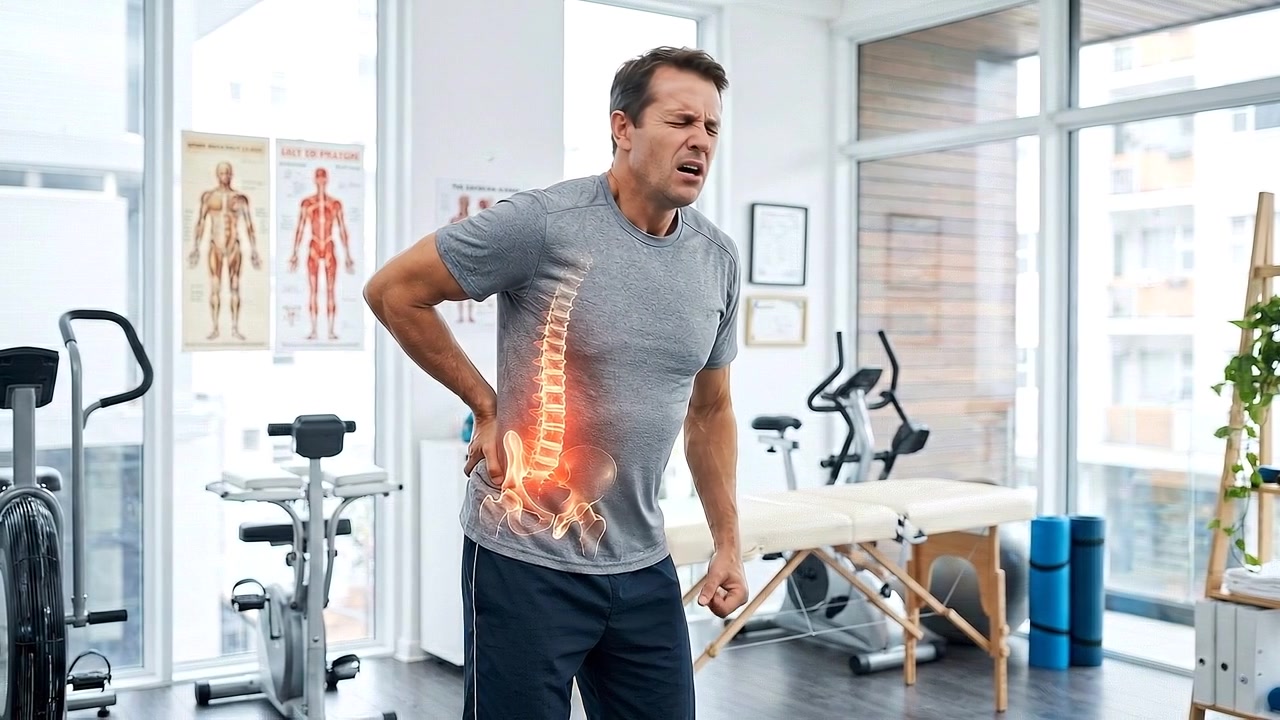 Homem Sofrendo de Dor Lombar em Clínica de Fisioterapia