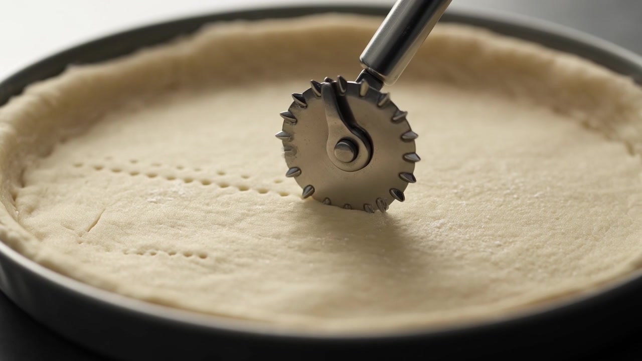 Rotella tagliapasta che crea un motivo decorativo su pasta frolla cruda