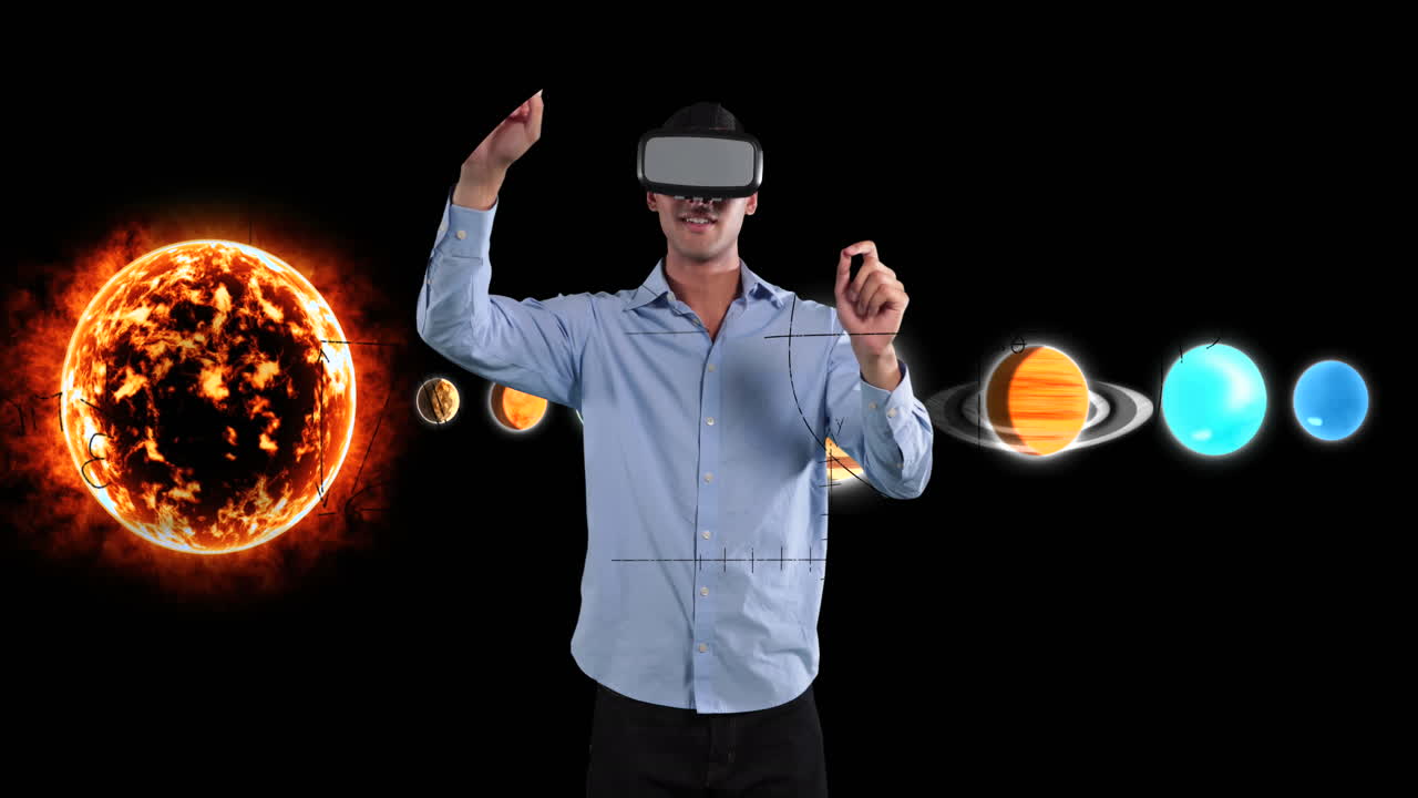 animación de un hombre de negocios con auriculares vr sobre ecuaciones y sistema solar