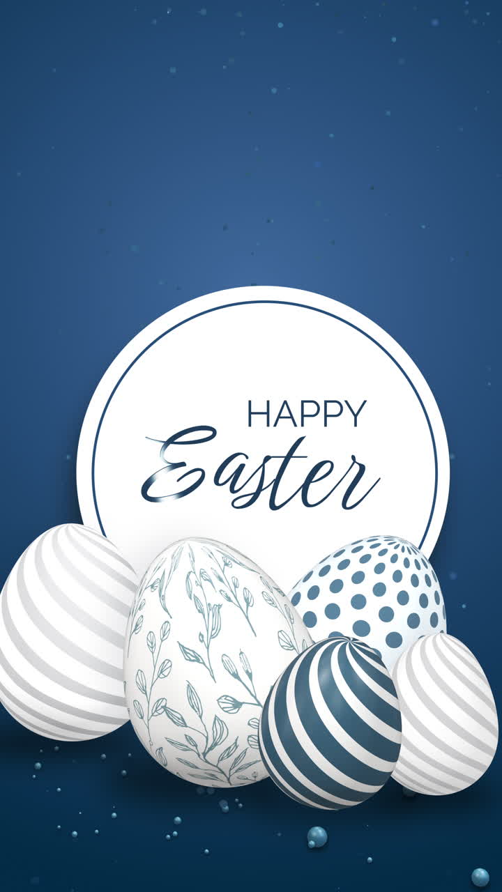 Easter eggs with festive patterns on a blue background with falling shiny confetti. Sign with the inscription Happy Easter. 3D animation. Vertical video.