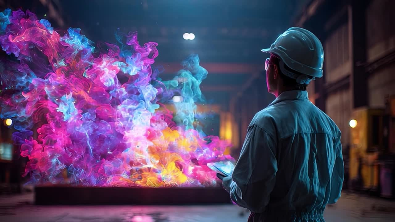 Industriearbeiter beobachtet lebendige visuelle Effekte in einem Lagerhaus