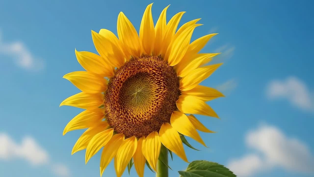 Close-up video shot of a vibrant sunflower against a clear blue sky, captured from a low angle