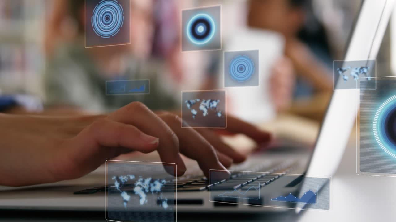 Animation of scopes scanning and data processing over woman using laptop