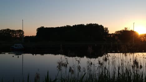 Silhouette-Der-Flusslandschaft-Und-Bäume-Bei-Sonnenuntergang,-Drohnenansicht-Aus-Niedrigem-Winkel