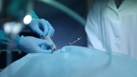 surgeon hands pouring blood in syringe at surgical procedure. medical operation