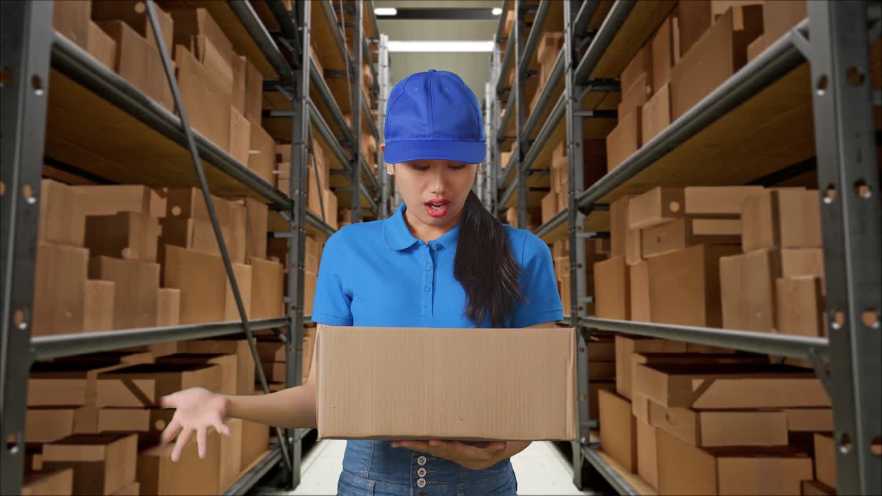 mensajera asiática en uniforme azul mostrando un gesto desconcertado y diciendo qué mientras entregaba un cartón en el almacén