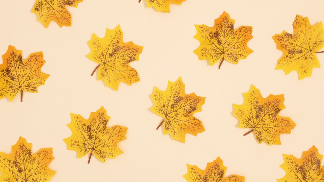 hojas amarillas de otoño se mueven a la izquierda a la derecha en fondo beige. detener el movimiento
