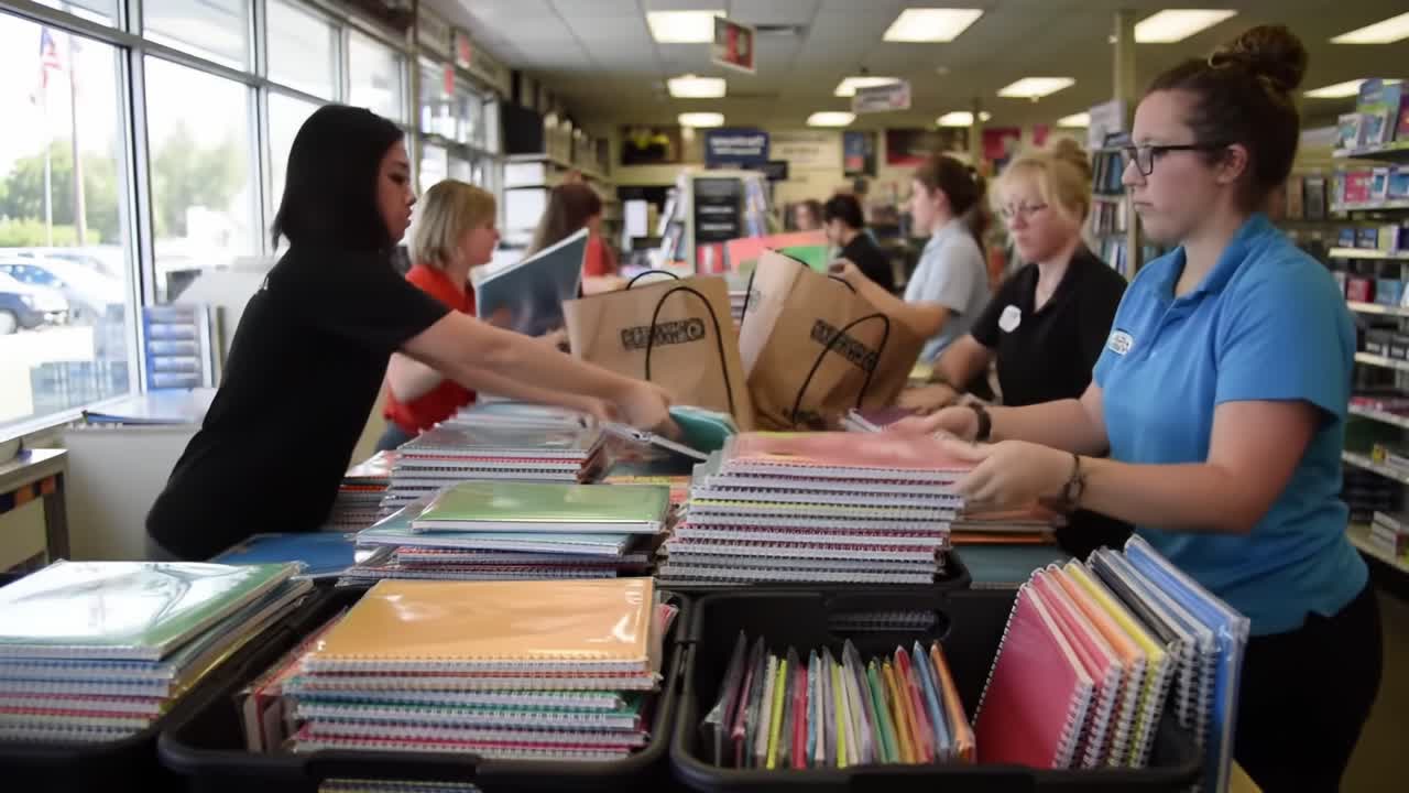Travl scene med medarbejdere, der organiserer og pakker kontorartikler i en detailbutik: Et udstillingsvindue for teamwork og produktivitet