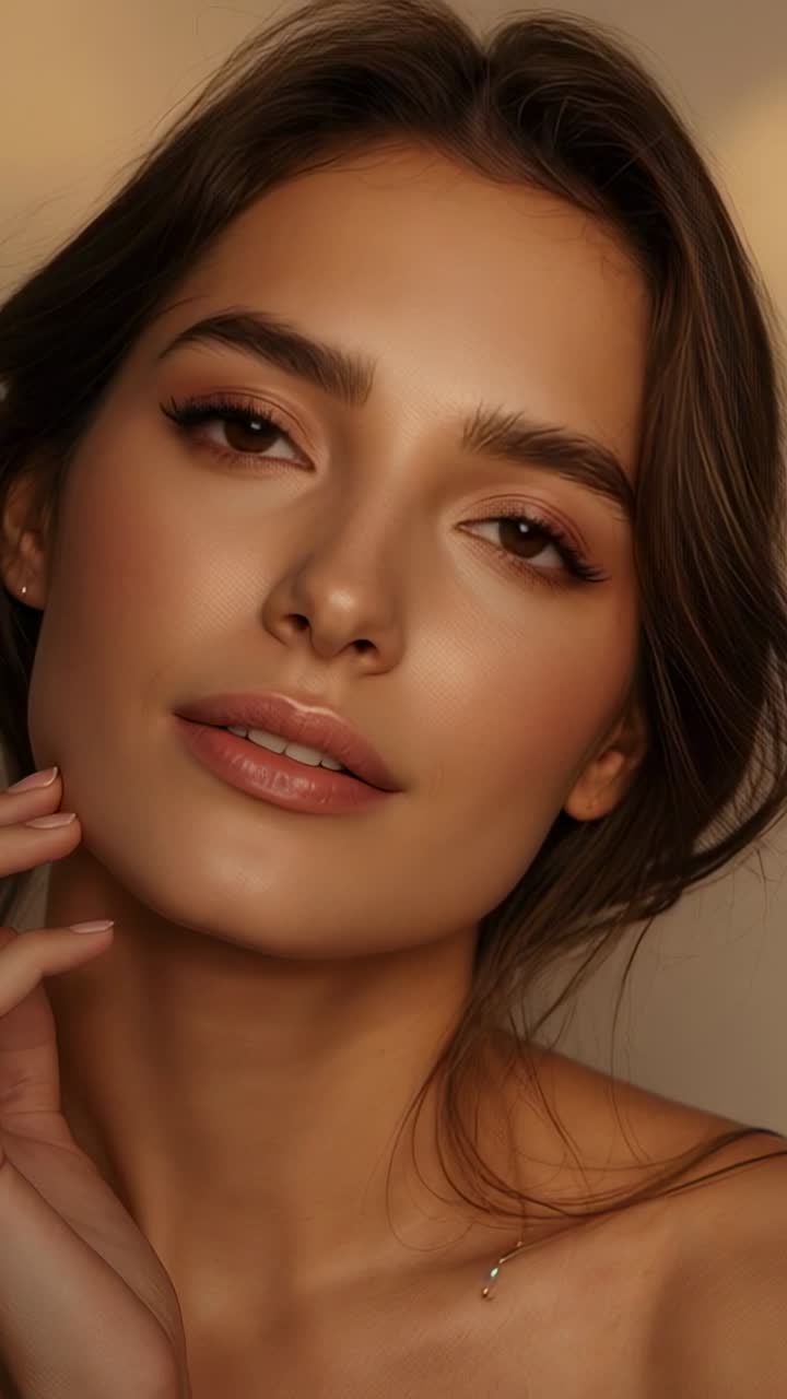 Video verticale: Modella in posa che apre e muove lo sguardo su indicazione per una pubblicità in studio, con top a fascia e ciondolo.