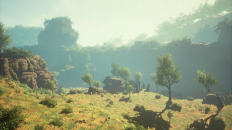 vibrant natural landscape with lush greenery and rocky formations at dusk