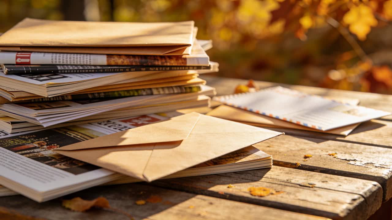 Shifting sunlight and breeze revealing mags stacked with brown envelope, notepad on picnic table