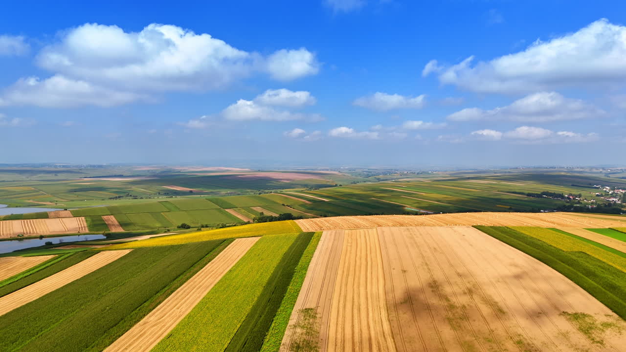 Expansive countryside landscape with vibrant fields. Aerial view of lush fields and farmland stretching under a bright blue sky with clouds, showcasing agricultural beauty