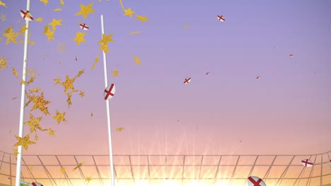 Animation-Von-Sternen-über-Rugbybällen,-Gefärbt-Mit-Der-Im-Stadion-Fallenden-Englischen-Flagge