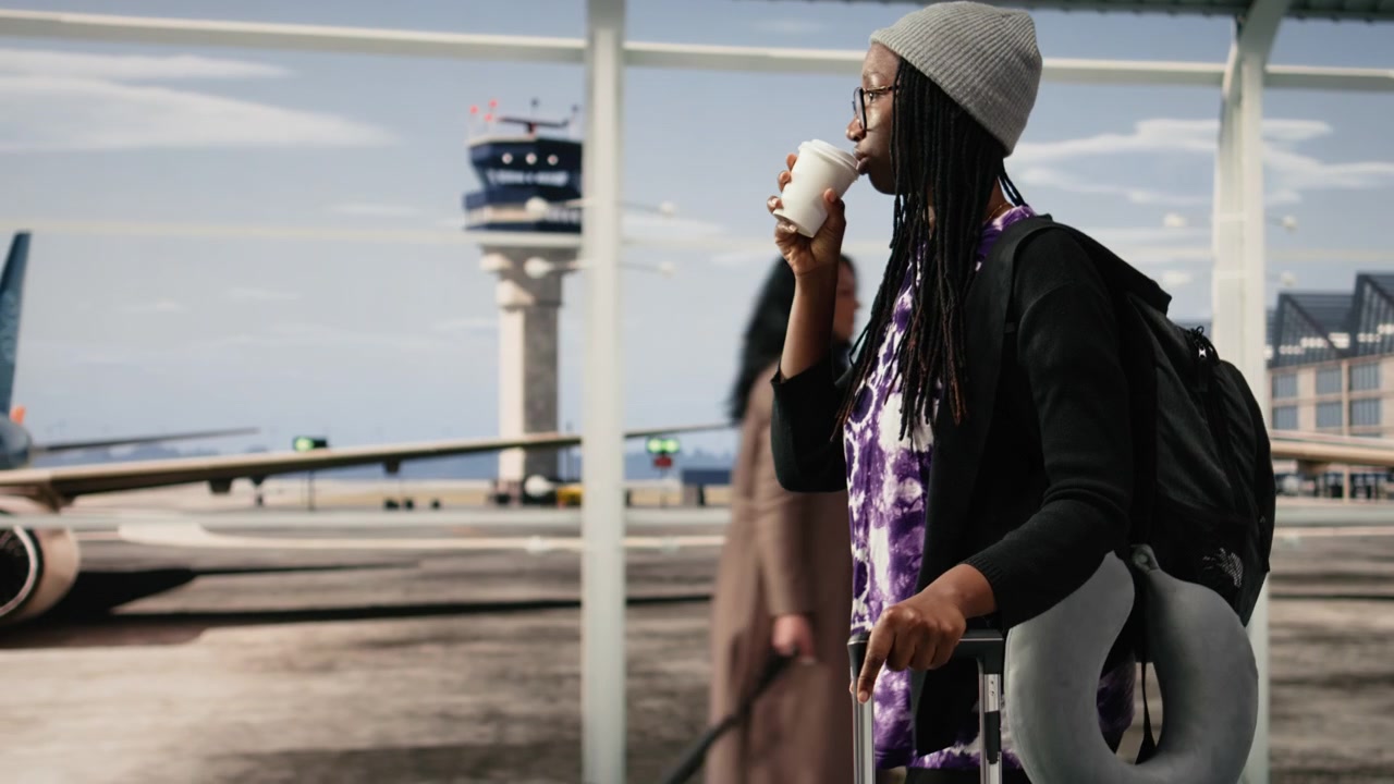 Primo piano di una donna che cammina e beve caffè nel terminal dell'aeroporto.