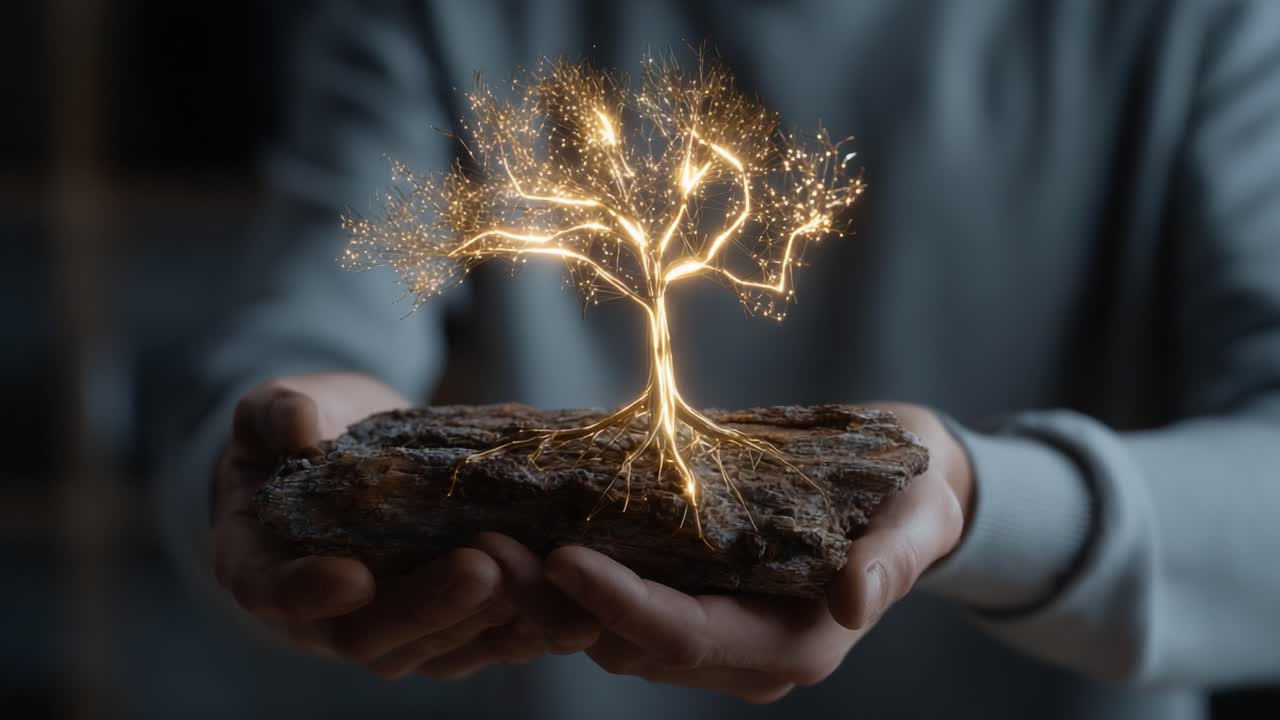 A Glowing Tree of Light: An Enchanting Representation of Nature's Beauty Captured in a Hand-Held Display, Emphasizing the Fragile Relationship Between Humanity and the Environment
