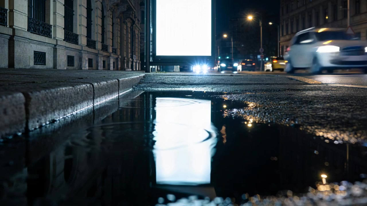 Shimmering illuminated vertical billboard reflection moving in puddle at curb as yellow taxi passes
