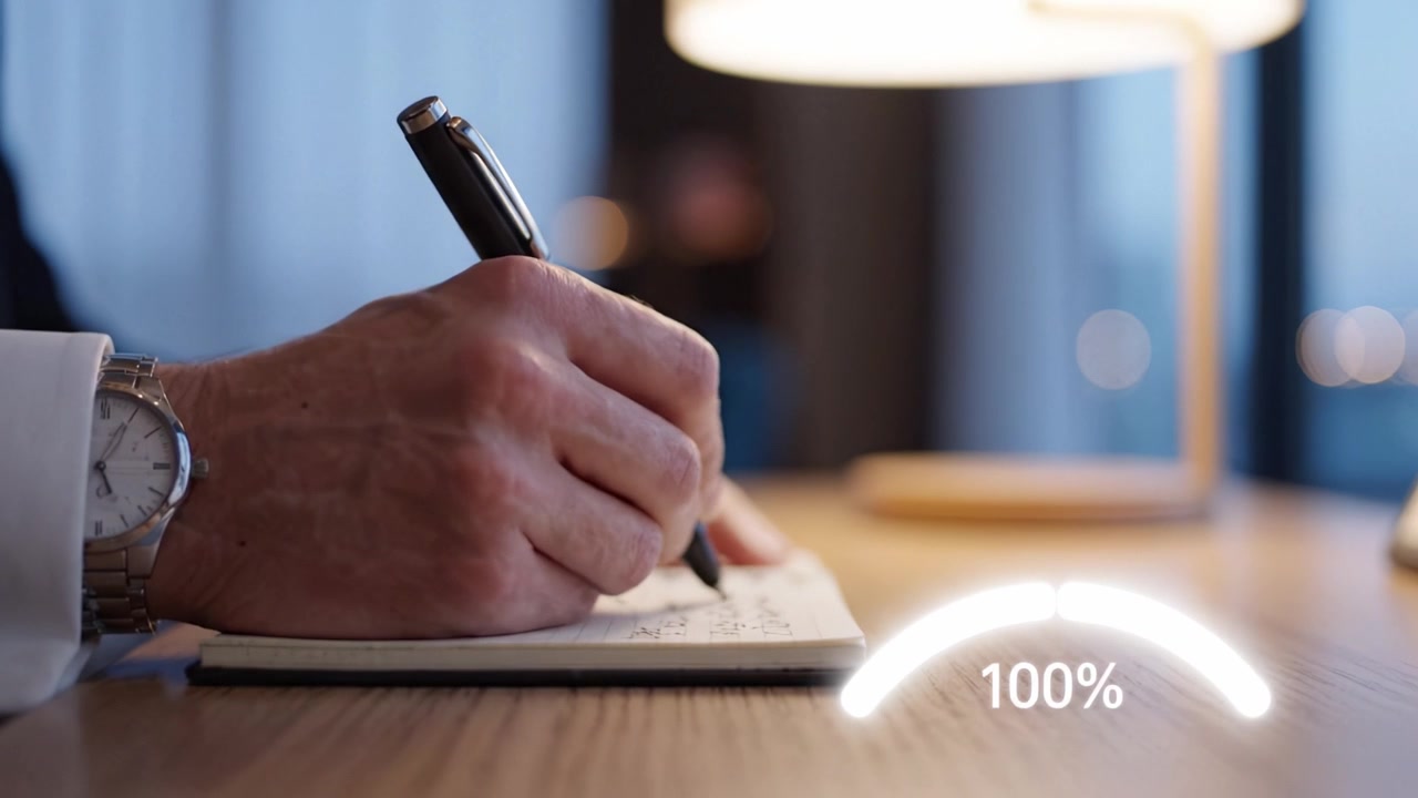 Capturing Inspiration: A Close-Up of a Hand Writing in a Notebook Under Soft Lamp Light, Reflecting Focus and Creativity in a Cozy Setting