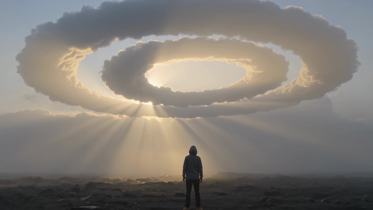 Figura incappucciata in piedi, con giacca e pantaloni, su una pianura rocciosa, che osserva un alone, mentre raggi di sole squarciano le nuvole.