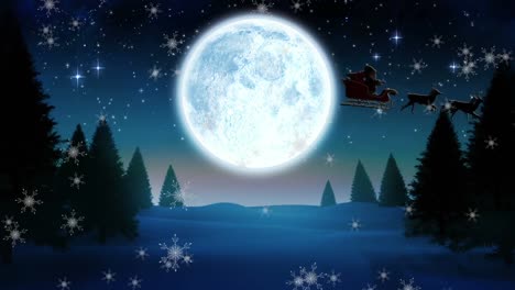Animation-of-santa-claus-in-sleigh-with-reindeer-over-moon