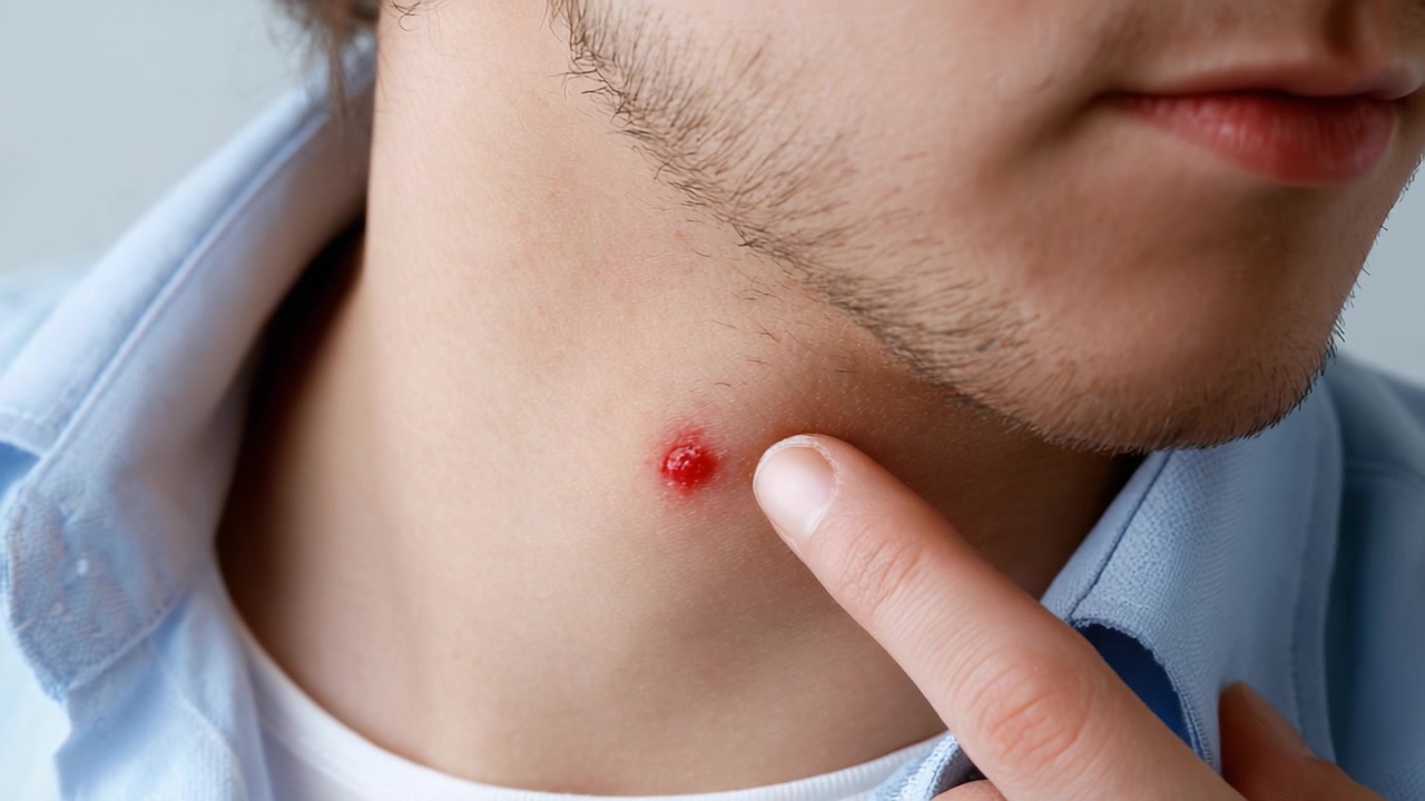 Close-up of a Young Man's Neck Highlighting a Red Pimply Bump, Underlining Skincare Challenges and the Importance of Proper Hygiene in Daily Life