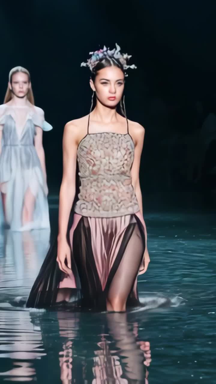 Vertical video: Reacting to music cue, Asian model walking water runway wearing floral headpiece
