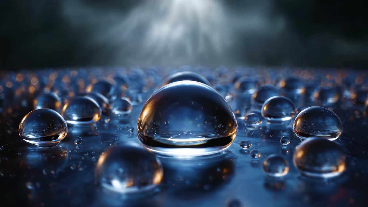 Luminous Water Droplets on a Surface Reflecting Light in a Serene Outdoor Setting, Capturing the Beauty of Nature and the Play of Light on Water