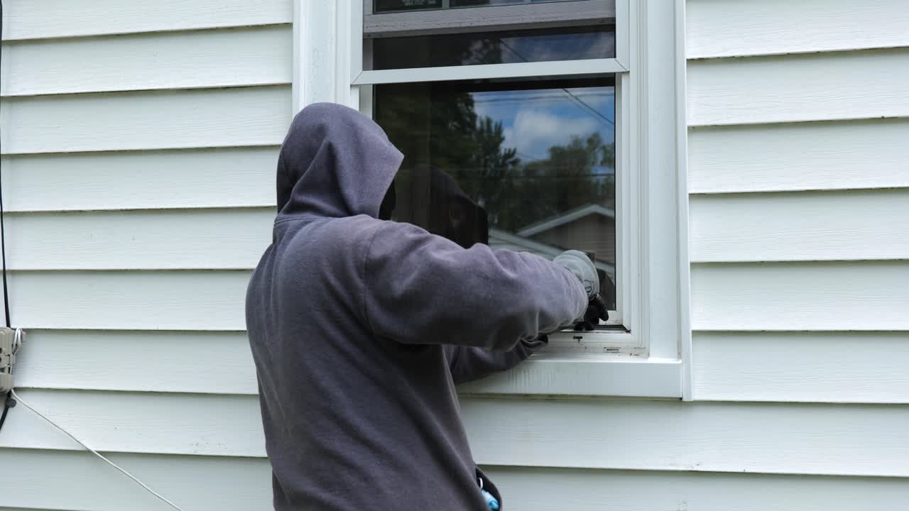 los ladrones abren una ventana con una palanca y comienzan a subir a una casa