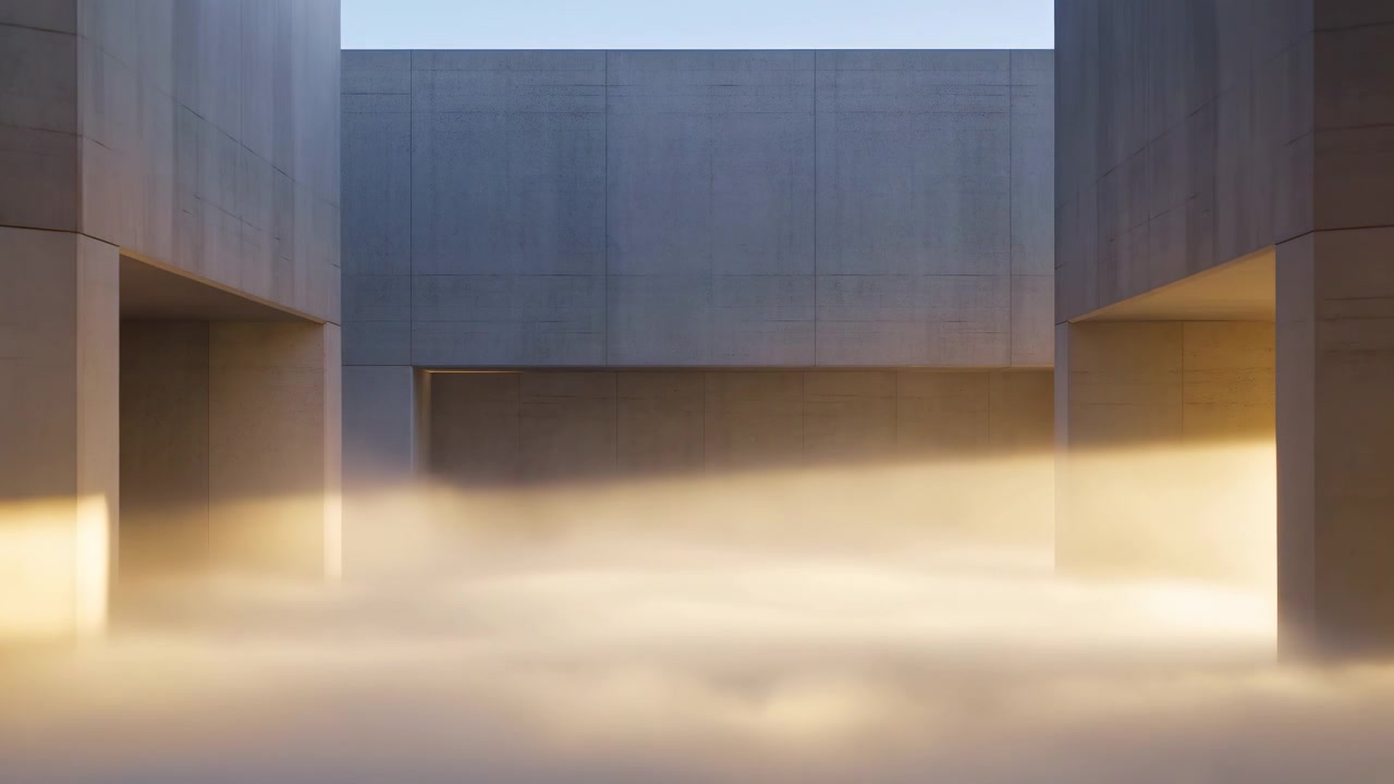 Una leggera nebbia si diffonde attraverso una moderna struttura vuota mentre l'illuminazione cambia da ombre blu a toni dorati, rivelando superfici lisce, passaggi aperti e una calma composizione simmetrica.