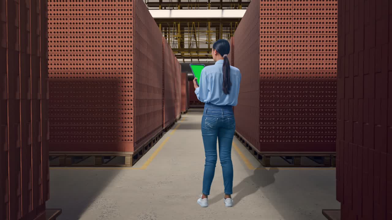 Woman inspecting bricks in a warehouse