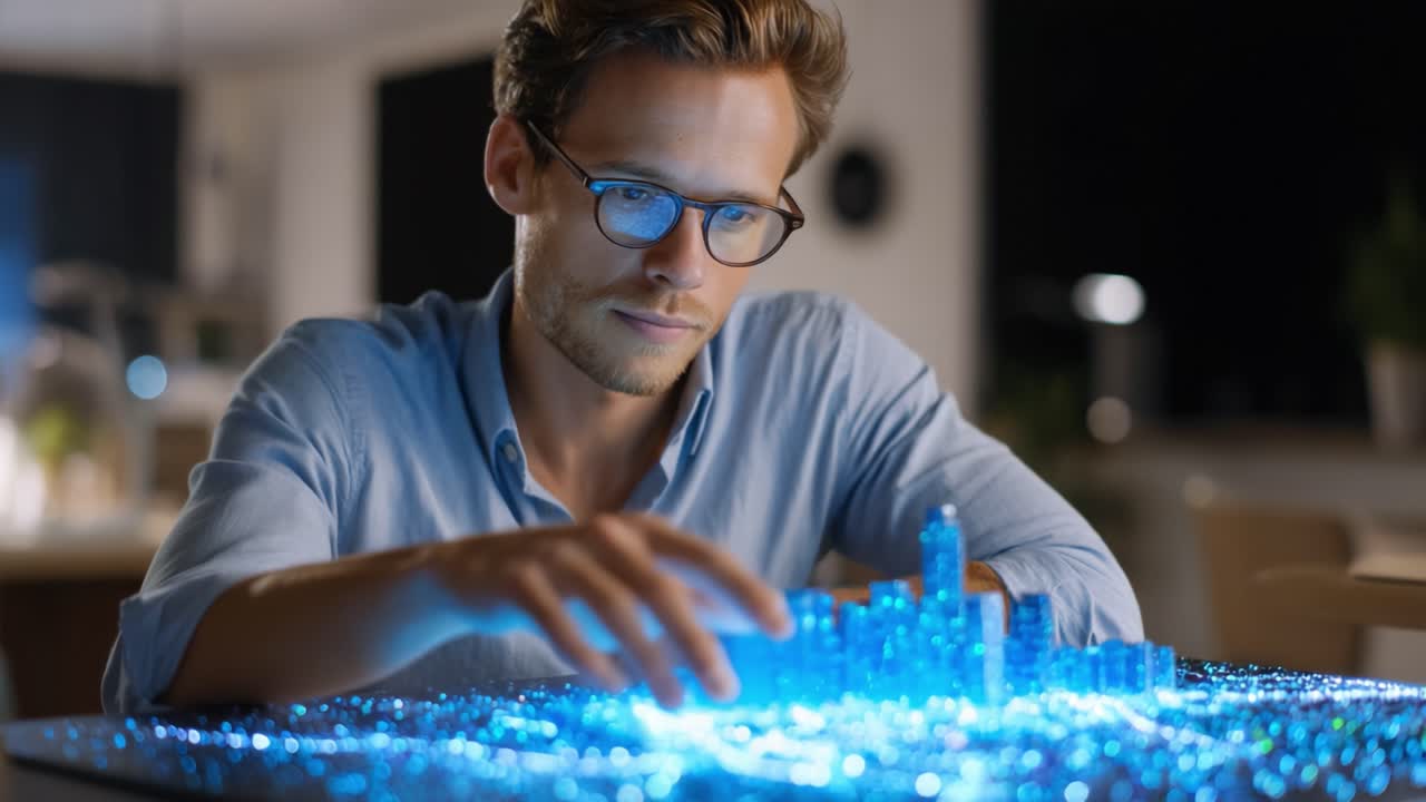 Un individuo concentrato interagisce con un modello olografico e luminoso di una città, che mostra tecnologie innovative e il futuro della pianificazione urbana attraverso simulazioni digitali