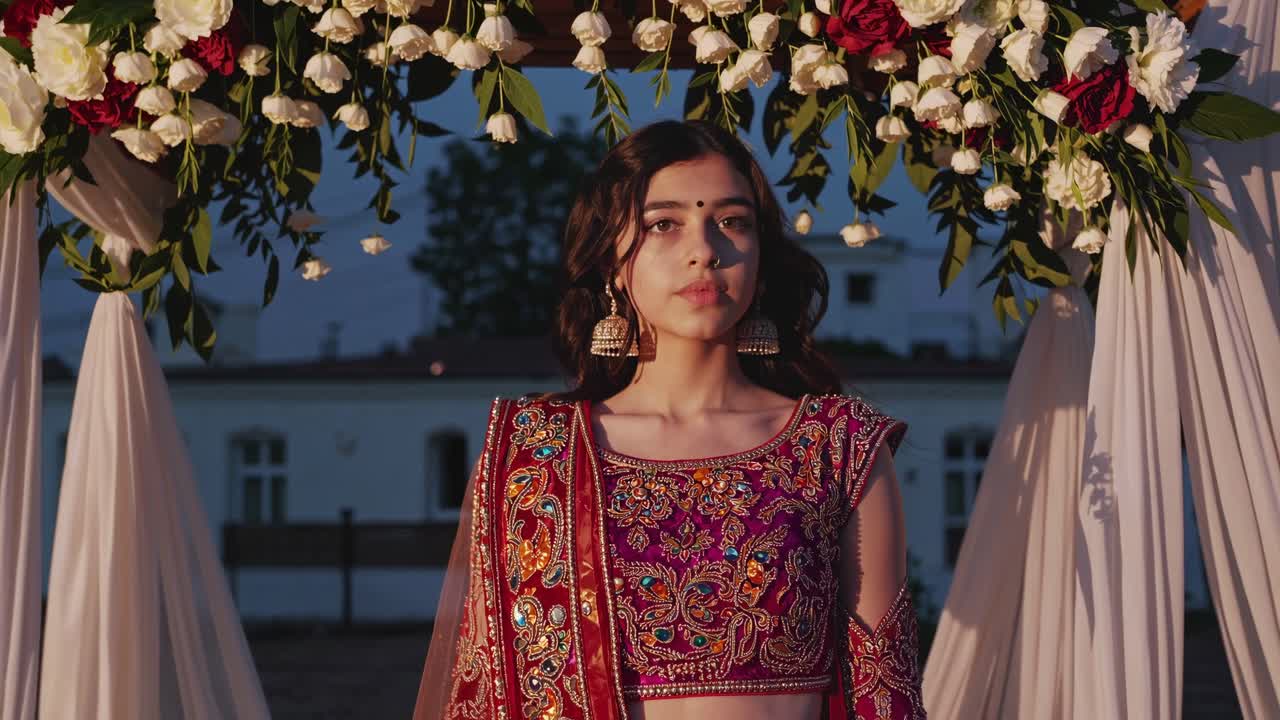 Beautiful young bride in traditional red and purple lehenga choli stands under a flower decorated archway, creating a serene and elegant wedding scene