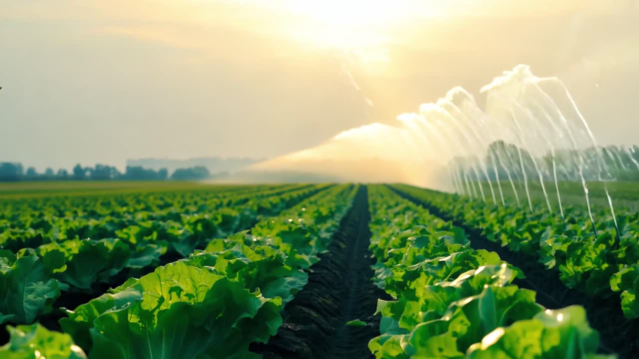 Irrigated Lettuce Field at Sunset