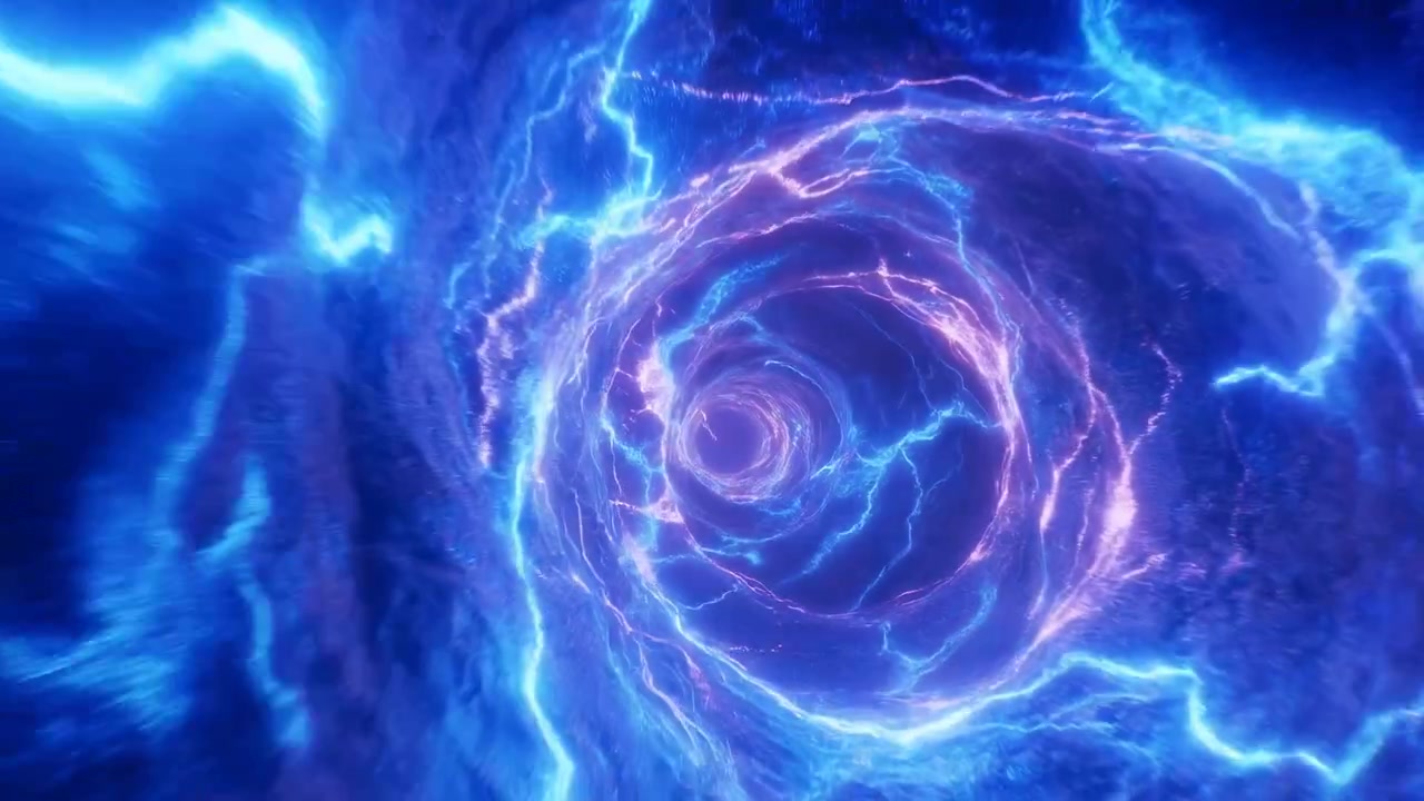 Vortice Elettrico Blu Tunnel Di Energia Vorticoso, Archi Di Fulmini Al Neon Si Avvolgono In Un Profondo Wormhole, Viola Vibrante