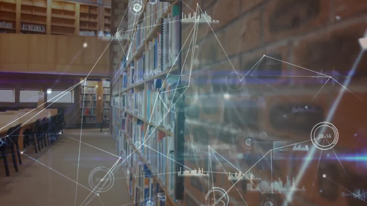 animación de una biblioteca vacía sobre una red de conexiones con estadísticas que se muestran en el fondo.