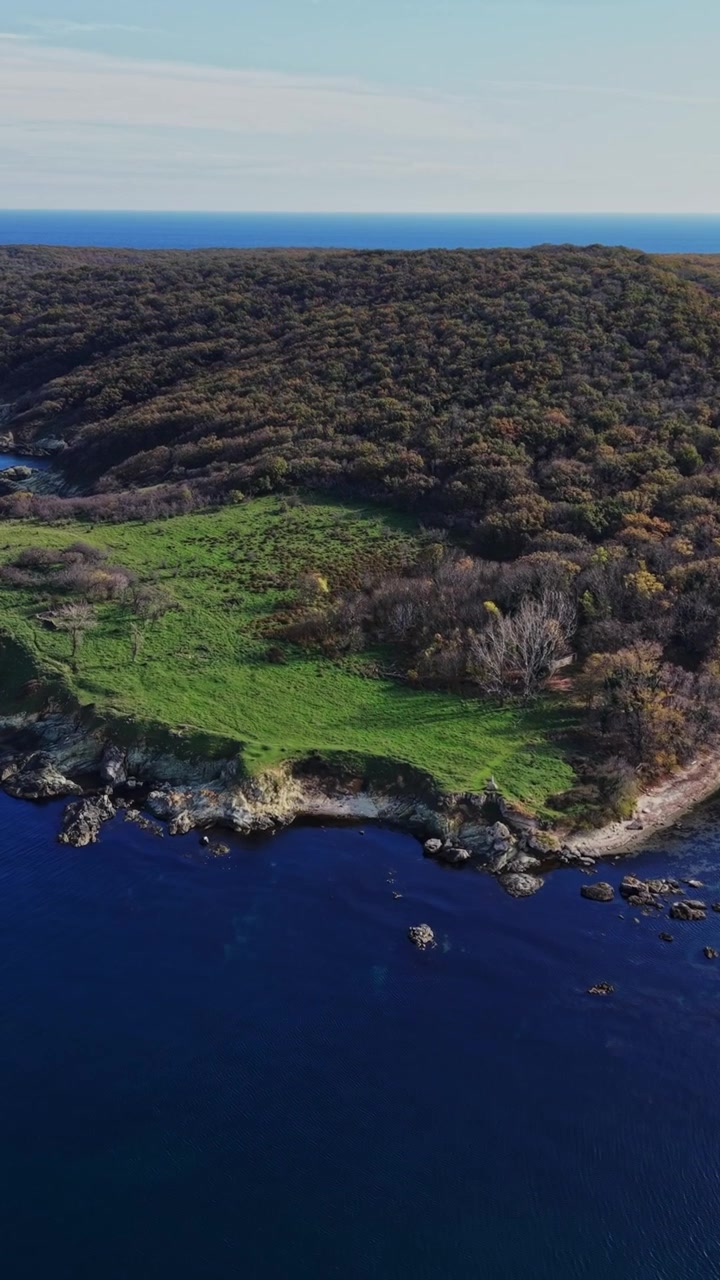 Vista aérea de un paisaje costero verde y un mar azul profundo
